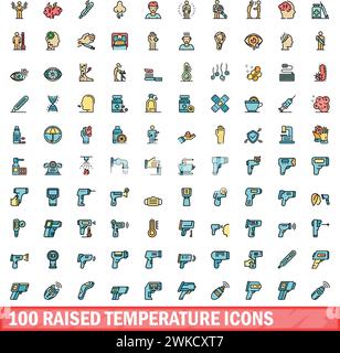 100 raised temperature icons set. Color line set of raised temperature vector icons thin line color flat on white Stock Vector