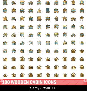 100 wooden cabin icons set. Color line set of wooden cabin vector icons thin line color flat on white Stock Vector