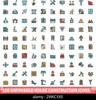 100 unfinished house construction icons set. Color line set of unfinished house construction vector icons thin line color flat on white Stock Vector
