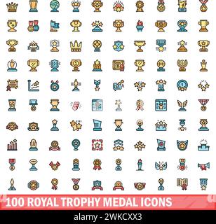 100 royal trophy medal icons set. Color line set of royal trophy medal vector icons thin line color flat on white Stock Vector