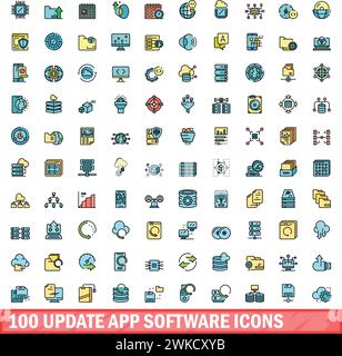 100 update app software icons set. Color line set of update app software vector icons thin line color flat on white Stock Vector