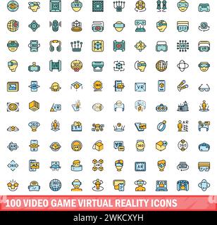 100 video game virtual reality icons set. Color line set of video game virtual reality vector icons thin line color flat on white Stock Vector