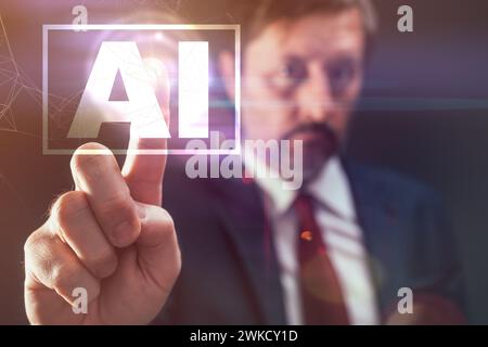 Businessman touching futuristic virtual screen of Artificial Intelligence software interface, selective focus Stock Photo
