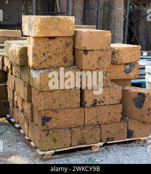 Cropped shot of new bricks on stacked and foiled pallet, ready for transport and use. Stock Photo