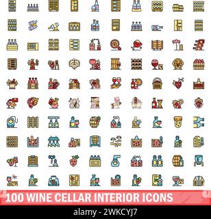 100 wine cellar interior icons set. Color line set of wine cellar interior vector icons thin line color flat on white Stock Vector