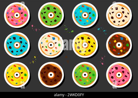Illustration on theme big set different types sticky donuts, sweet doughnuts various size, donut pattern consisting of collection organic doughnuts fr Stock Vector