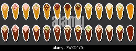 Illustration on theme big kit different types cone waffle with bubbles for dessert biscuit, waffle consisting of tasty cone shaped biscuit in bubbles, Stock Vector