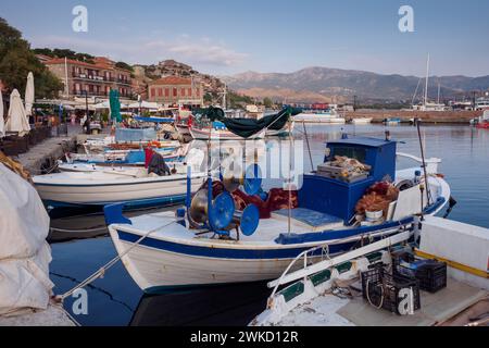 Fishing boats in Molyvos harbor, Lesbos, Greece Stock Photo
