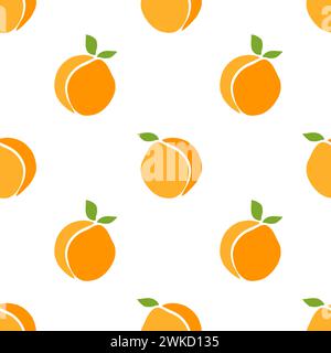 Repeating pattern of stylized oranges or peach with green leaves adorns white background, creating fresh and vibrant design that is reminiscent of hea Stock Vector