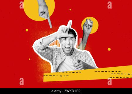 Photo collage artwork of young guy loser joking at you showing l sign on forehead fooling saying mocking isolated over red color background Stock Photo