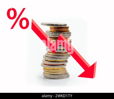 Coin stack step down graph with red arrow on white background ...