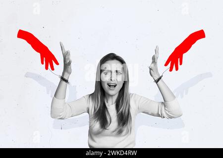 Photo of young worker funny woman under control collage concept boss pressure hold handcuffs at job isolated on gray color background Stock Photo