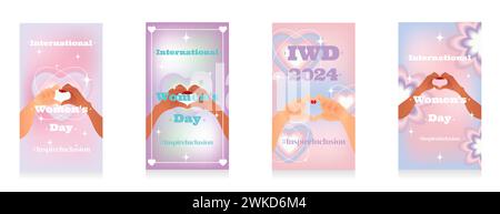 A set of story templates for International Womens Day. Two hands making a heart shape on a gradient blurred y2k background in the style of the 2000 ae Stock Vector