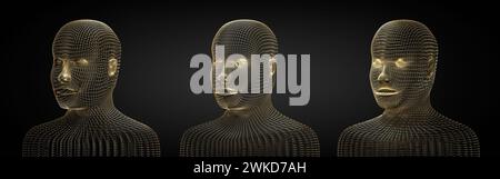 Three golden wireframe head shapes - 3D illustration Stock Photo