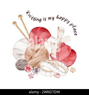 Ball of thread, skein of yarn, crochet hook, measuring tape, buttons, beads. Watercolor clipart for creative studios, needlework stores, certificate, Stock Photo