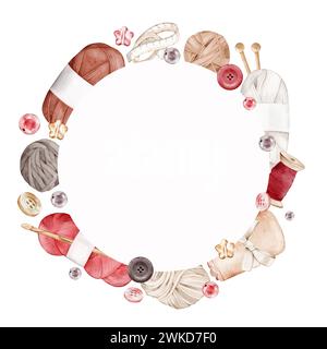 Watercolor round frame with balls of wool, skeins of yarn, knitting needles, crochet, buttons, beads. Template for certificate, booklet, postcard, bro Stock Photo