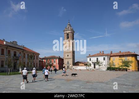 La Morra, Piedmont, Italy - Sept 8, 2022: Piazza Castello with the bell tower in La Morra.  Piedmont,Italy Stock Photo