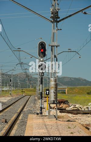 Railway signals, La Nava railway station, Puertollano Stock Photo