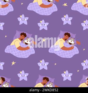 Seamless pattern with sleeping black ethnic man with plush dog toy on purple background with stars. Vector illustration in flat style for design, wall Stock Vector