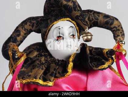 Garham, Germany. 19th Feb, 2024. Italian Porcelain doll depicting the hero of the Commedia Dell'arte Harlequin. Porcelain dolls appeared in the 18th century in France. Credit: SOPA Images Limited/Alamy Live News Stock Photo