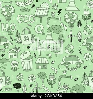 Ecology and ecological lifestyle. Seamless pattern in hand drawn doodle style. Vector illustration on green background Stock Vector