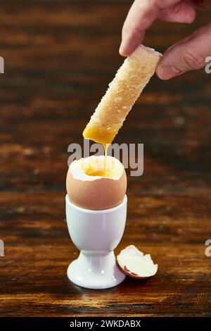 A person is dipping a narrow strip of toast, known as a soldier, into the yolk of a soft-boiled egg that’s nested in a classic white eggcup. Stock Photo