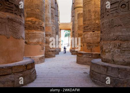 Hieroglyphs carved on great columns, interior of Karnak temple in Luxor, Egypt Stock Photo