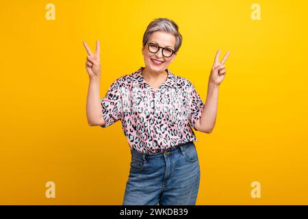 Photo portrait of lovely senior lady show double v-sign dressed stylish leopard print garment isolated on yellow color background Stock Photo