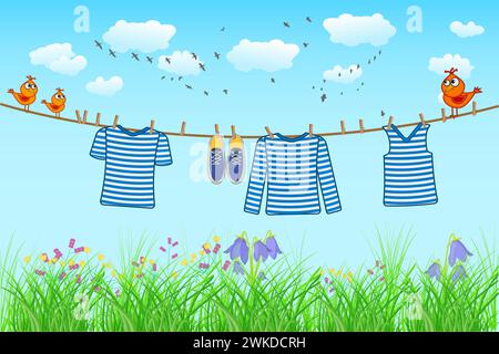 Striped shirt hang on rope, sky and grass. Laundry hanging on washing line on sunny day. Clear shirt and shoes drying on clothesline and birds. Vector Stock Vector
