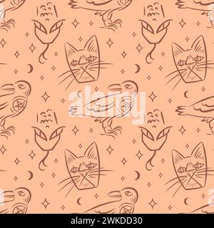 Familiar spirit, seamless pattern. Raven with witch symbol, star. Snake and black cat. Animals in abstract style. Hand drawn magician collection, Witc Stock Vector