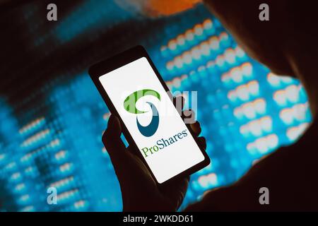 In this photo illustration, the ProShares logo is displayed on a smartphone screen. Stock Photo