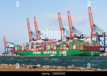 ROTTERDAM, THE NETHERLANDS - JANUARY 11, 2016: Container ship CSCL Globe of the China Shipping Line moored at the Euromax Terminal at the Maasvlakte i Stock Photo