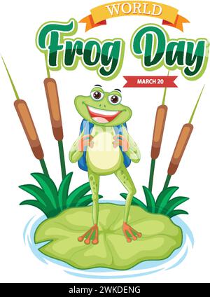 Cheerful frog standing on a lily pad with reeds. Stock Vector