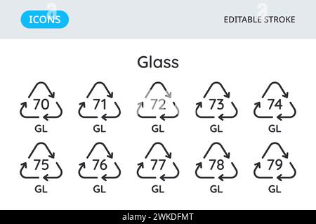 Glass recycling codes icons. Triangular environmental symbols of materials. Set of elements on a white background. Editable stroke. Stock Vector