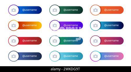 Lower third bar for social media. A box with space for an icon or photo and text. Used for channels, blogs and TV. Pack of isolated vector templates on a white background. Stock Vector