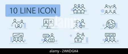 Coaching set line icon. Planet, rating, hours, people, performance, schedule. Pastel color background. Vector line icon for business and advertising. Stock Vector