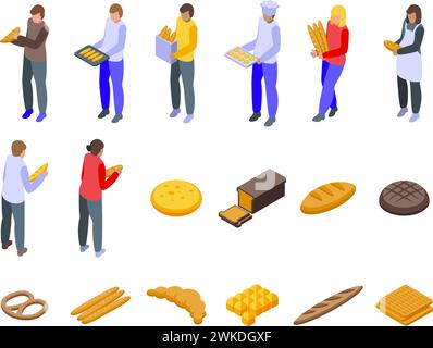 Baker selling bread icons set isometric vector. People shop pastry. Cookie display Stock Vector