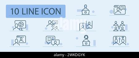 Video hosting set line icon. Technology, smartphone, communication, online call, message, laptop. Pastel color background. Vector line icon for busine Stock Vector