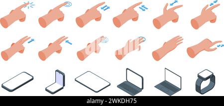 Drag drop icons set isometric vector. Touch hand screen. Digital moving Stock Vector