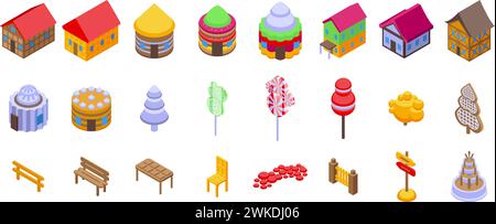 Candy land icons set isometric vector. Sweet house. Fantasy jelly cupcake Stock Vector