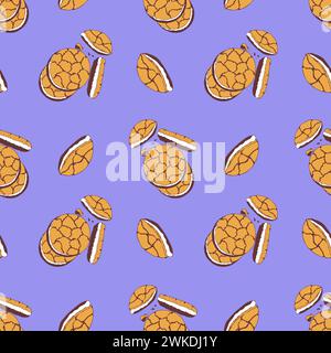 Pattern with Cookies on purple background, chocolate cookies with cream filling, hand drawn doodle. For packaging design. Vector illustration Stock Vector