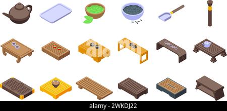 Tea ceremony table icons set isometric vector. Drinking home interior. Asian furniture Stock Vector