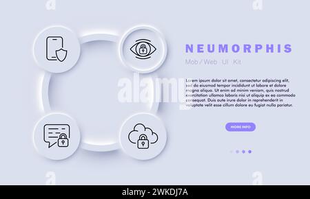 Safety line icon. Security, personal data, privacy, Eye, smartphone, shield, closed lock, message, cloud saving. Neomorphism style. Vector line icon f Stock Vector