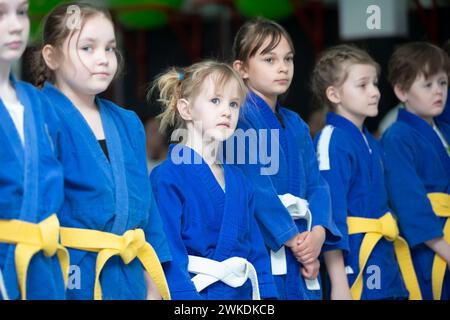 April 23, 2023. Belarus, Gomil Central Stadium. Judo children. A group of girls going in for sports. Stock Photo