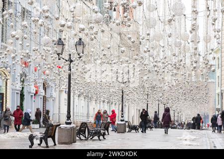 March 03, 2023. Russia Moscow. Winter Christmas light decoration on Nikolskaya street. Stock Photo