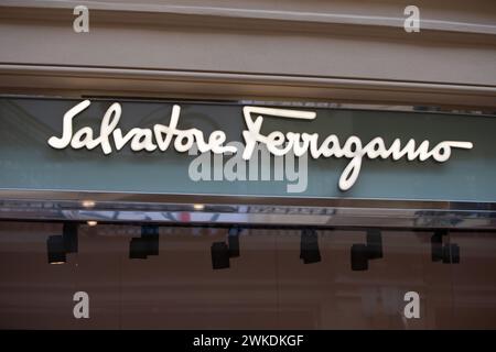 March 03, 2023. Russia Moscow. Central department store. Italian luxury goods designer Salvatore Ferragamo name on a store window Stock Photo