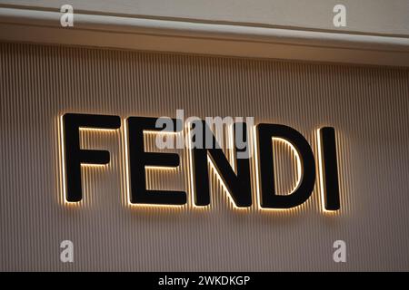 March 03, 2023. Russia Moscow. Central department store. The inscription on the window of the Fendi store is an Italian trading house. Stock Photo