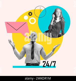 Young African man, customer support operator available for 24hours, talking with young woman, assistance. Contemporary art collage. Stock Photo