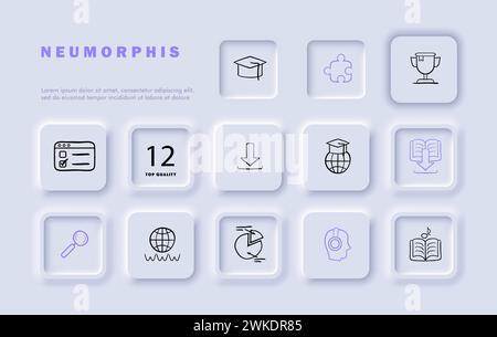 Courses line icon set. Online learning, e-learning, education, graduation hat, magnifying glass, audiobook, pie chart, website. Neomorphism style. Vec Stock Vector