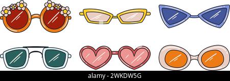 Set of different retro style, hippie sunglasses. Retro aesthetic vibe, 70's. Hand drawn vector flat style vector illustrations Stock Vector